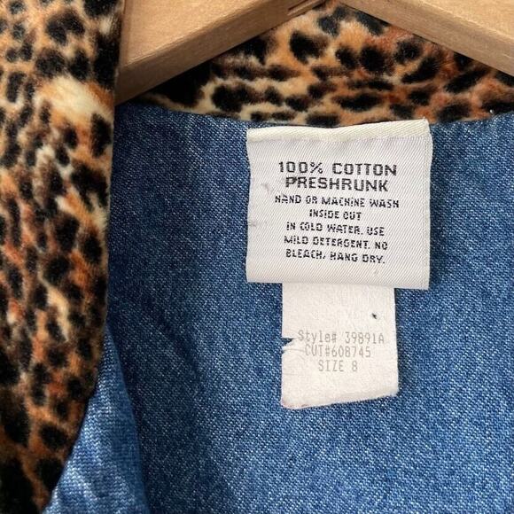 Vintage Brandon Y Size 8 Blue Jean Denim Jacket Leopard Print Faux Fur Collar - Picture 7 of 7